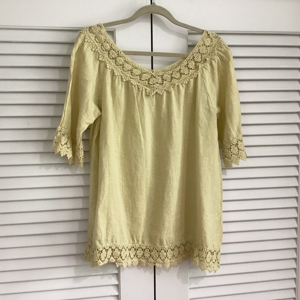 Piazza Roma 100% Linen Blouse Tunic Shirt Size M Buttery Yellow W/ Lace Details
